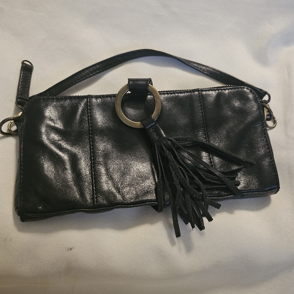 latico Black Leather Wristlet Clutch with Tassel and Gold Ring Accent